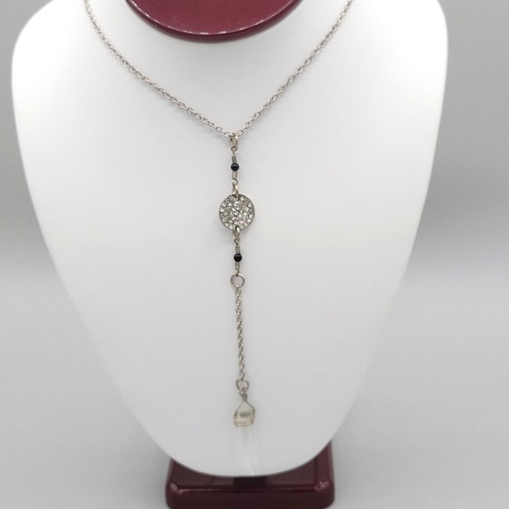 AEO American Eagle Silver Tone Necklace Clear Faux Crystal Quartz Pendant 24 in